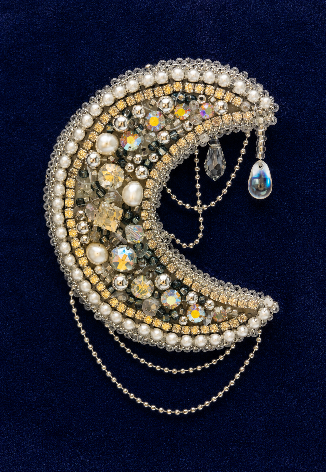 Moonlight crescent brooch on deep blue velvet