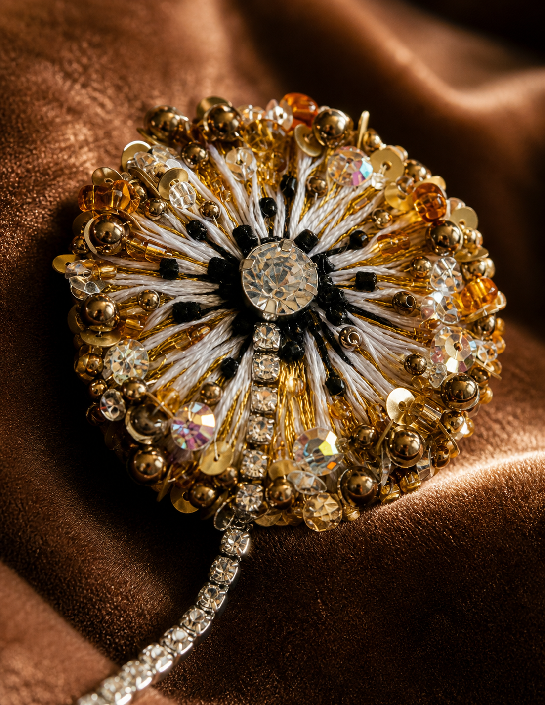 Dandelion Light brooch in Or Patiné on warm silk